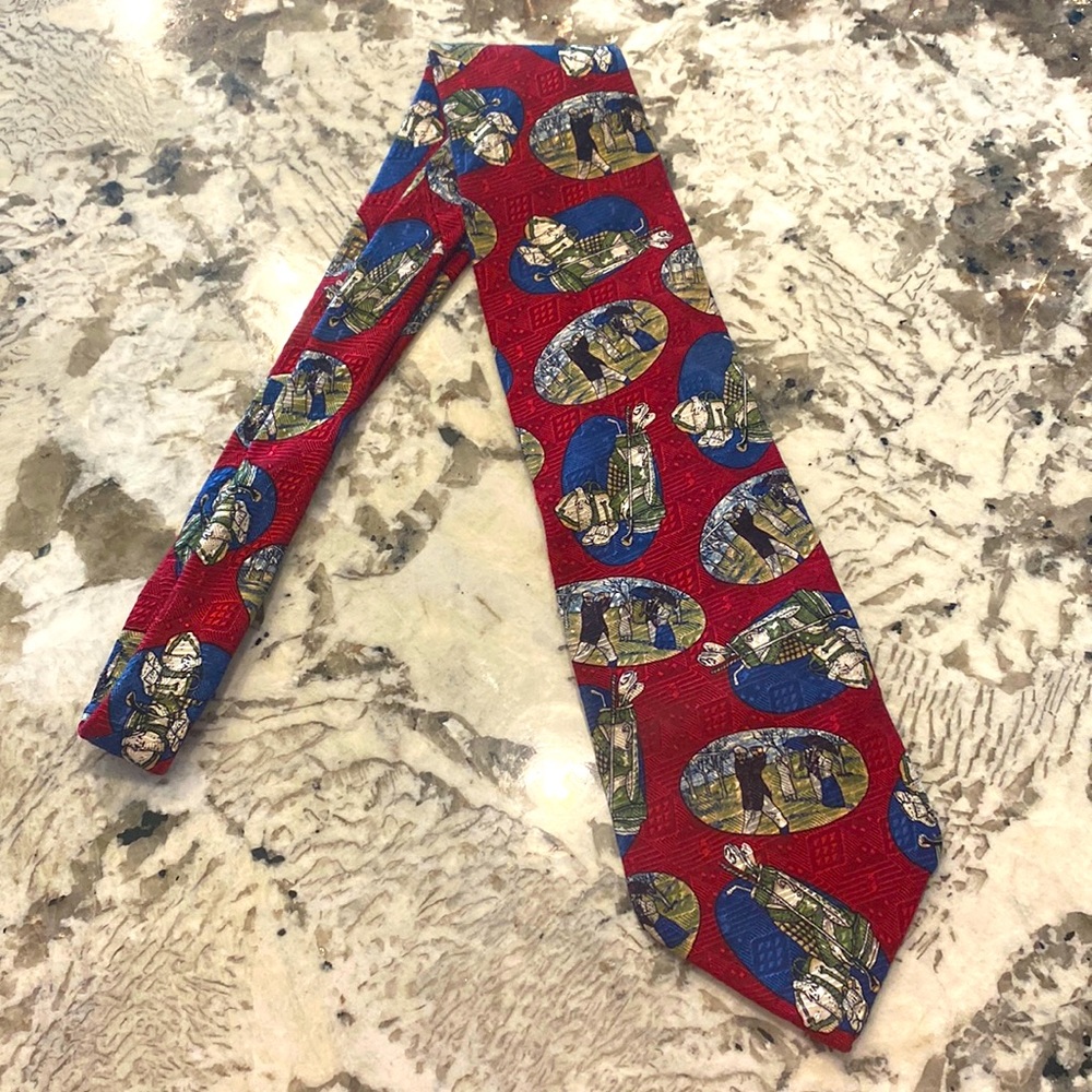 Golf Scene Tie Handmade Swinging Club Red Burgundy Background